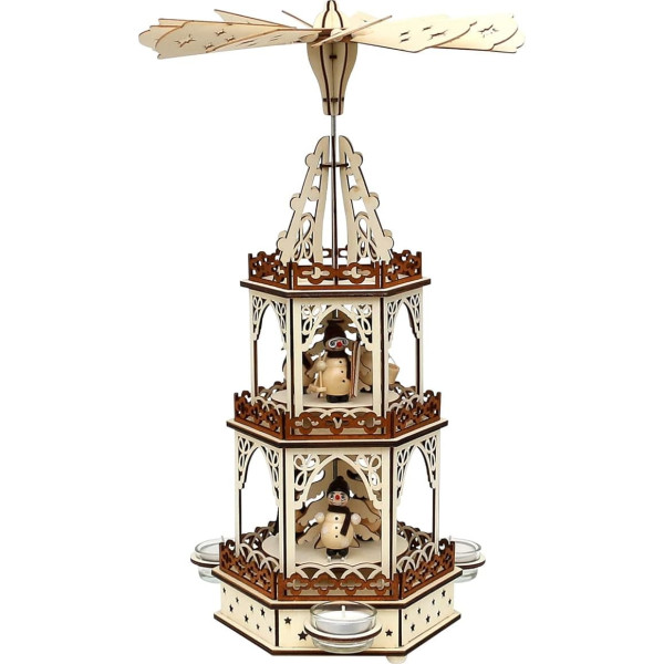 Wooden Tea Light Pyramid in Natural / Brown with 3 Levels for 3 Tea Lights (L x W x H): 19 x 16.5 x 42 cm Snowmen Motif