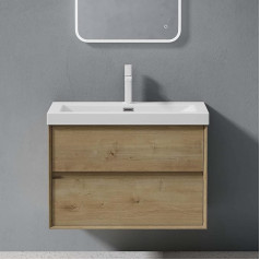 doporro Rimo Bathroom Furniture Set, Vanity Unit with Base Cabinet, Wall-Hanging Basin Base Cabinet with Soft-Close in Core Oak 76.5 cm Including Cast Mineral Basin