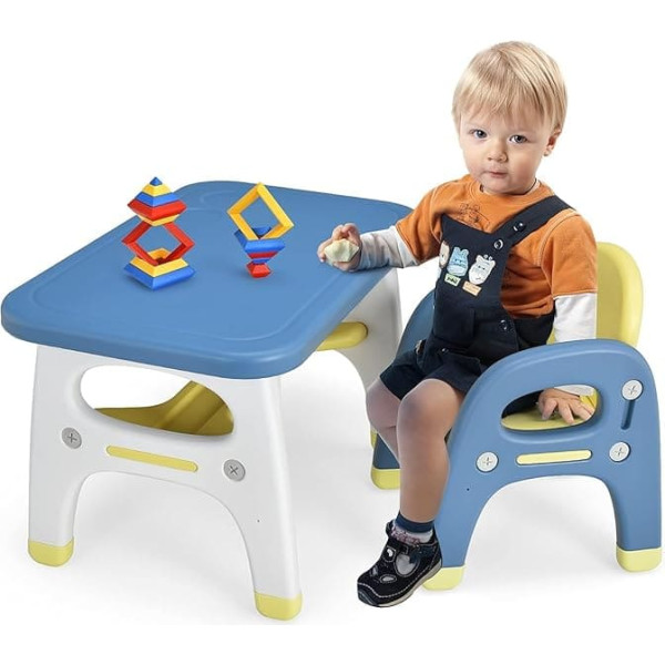 FANTASK Children's Table with Chair, Blue Children's Seating Set with Dinosaur Design, Painting Table Craft Table Children with Building Blocks & Shelf, Children's Table Chair Set for Children Over 3