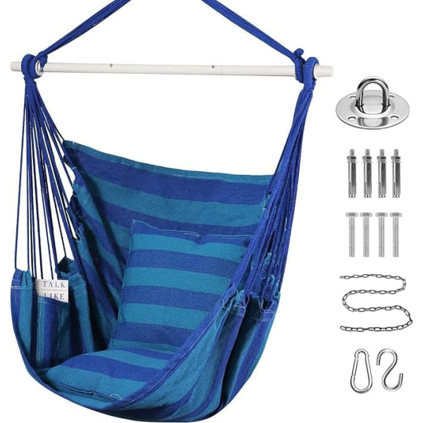 Goutime Swing Chair Large Hammock Chair Soft Cotton with 2 Seat Cushions Cushions with Carry Bag for Indoor/Outdoor/Bedroom Patio Garden Balcony, 150 kg (Stripes Blue)