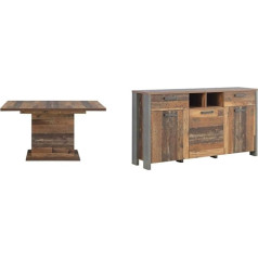 Forte Clif Extendable Dining Table, Composite Wood, Old-Wood Vintage 160-200 x 76.6 x 90 cm & Clif Chest of Drawers with 3 Doors and 2 Drawers, Dark Grey, 156.4 x 86.3 x 41.6 cm