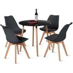 DORAFAIR 1 Table + 4 Chairs Nordic Design Round Black Table and 4 Black Chairs