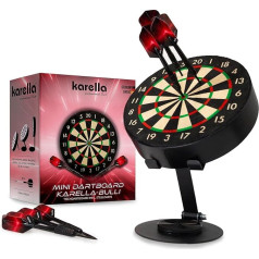 Karella Mini Dartboard Bulli, Miniature Dartboard Diameter 15 cm with Adjustable Metal Stand, Set Including 6 Mini Darts (Steel), for Home, Desk, Decoration, Gift