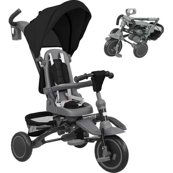 AIYAPLAY Kids Trike, 6 in 1 Kleinkind-Dreirad mit verstellbarem Elterngriff & Verdeck, wandelbarer Sitz, für 1-5 Jahre, faltbares Baby-Dreirad mit Sicherheitsgurt, Aufbewahrungskorb & Tasche, schwarz