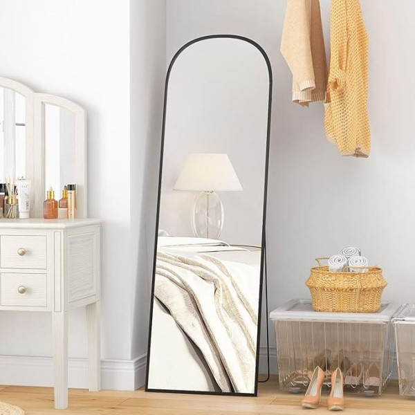 HOMCOM Full Body Mirror, 161.5 x 50 cm, Curved Standing Mirror with Shatterproof Glass and Aluminium Frame, Wall Mirror for Leaning, Standing, Mirror for Living Room, Bedroom, Hallway, Black