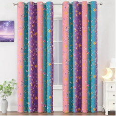 Rainbow Unicorn Blackout Curtains Moon Star Print Kids Blackout Curtains Thermal Insulated Eyelet Curtain for Kids Room 52x90 Inch 2 Panels