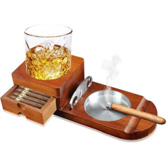 Wooden Cigar Ashtray, Ashtray with Whiskey Tray and Cigar Holder + 1 Cigar Cutter, Cigar Humidor Box with Wine Holder, for Home, Office or Bar, Men's Birthday Anniversary