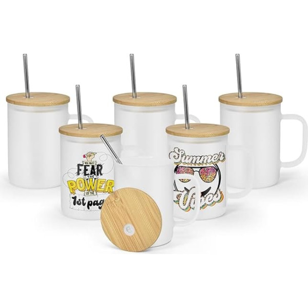 AGH 6 Pack 16oz Frosted Glass Tumbler with Handles Sublimation Blanks with Bamboo Lid and Stainless Steel Straw