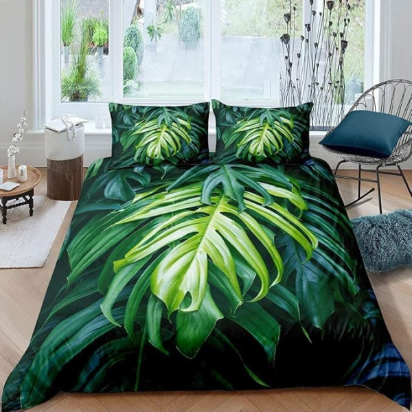 Homewish Palm Leaf Bed Linen Set, Monstera Comforter Cover, Hawaiian Tropical Leaves Duvet Cover for Children, Boys, Girls, Teens, Summer, Spring, Natural Plants Duvet Cover, Green, 2 Pieces, 135 x