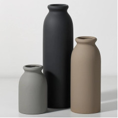 Modern Matte Ceramic Vases Set, 3 Pieces, Grey Black Beige, Decorative Bottle Shape, Minimalist Decorative Flower Vases for Living Room