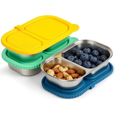 420 ml Set of 3 Stainless Steel Snack Boxes Made of 304 Food Steel, Colourful Silicone Seal, Large Capacity for Snacks, Sauces & Meal Prep, To-Go, Dishwasher Safe Storage Tin