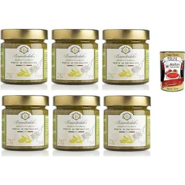 Brontedolci Pesto di Pistacchio Pistachio Pesto Cooking Sauce Pasta Sauce Pistachio Cooking Sauce 6 x 190 g in Glass from Sicily with 55% Pistachio + Italian Gourmet Polpa 400g
