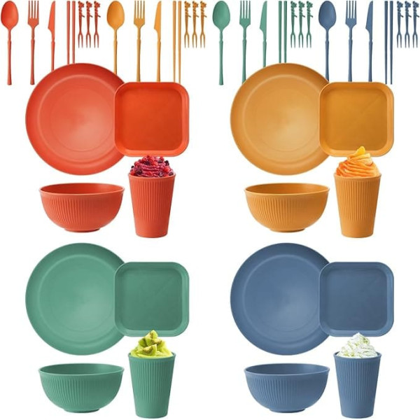 48-Piece Camping Tableware Set, Plastic, Unbreakable Tableware Set for 4 People, with Plates, Dessert Plates, Bowls, Cups, Cutlery, Fruit Fork, BPA-Free Tableware Set, Lightweight for Children and Adults, Dinner