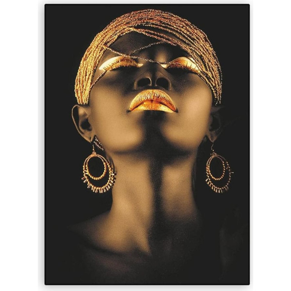 HOLEILUCK Modern African Woman with Gold Glitter Canvas Painting Ethnic Painting Poster Black Woman Wall Art Prints Room Decor 80x115cm/31x45inch with Frame