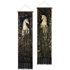 PLIGREAT Pack of 2 Tapestries in Vintage Style, Aesthetic Narrow Tapestry with White Horse and Tassels, Vertical Wall Hanging with Floral Pattern for Bedroom, Living Room, Home Decoration