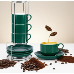 Houkiper Espresso Cups 100ml Coffee Cups and Saucers Porcelain Cappuccino Cups with Metal Stand Stackable Espresso Cups Set of 6 for Coffee Drinks Latte Tea Green