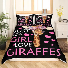 Giraffe Bedding Set for Girls Gift 135 x 200 cm Duvet Cover with African Safari Animals Girls Love Giraffe Comforter Cover for Kids Women Pink Love Heart Wild Animal Bedspread, Black