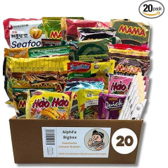 AlphFa Bigbox – 20 Asian Instant Noodles Box Made of Ramen & Noodle Soups – Random Mix of Different Types Portion Sizes such as Chicken, Beef, Shrimps and More – Ideal as a Gift Box, 5 x Chopsticks
