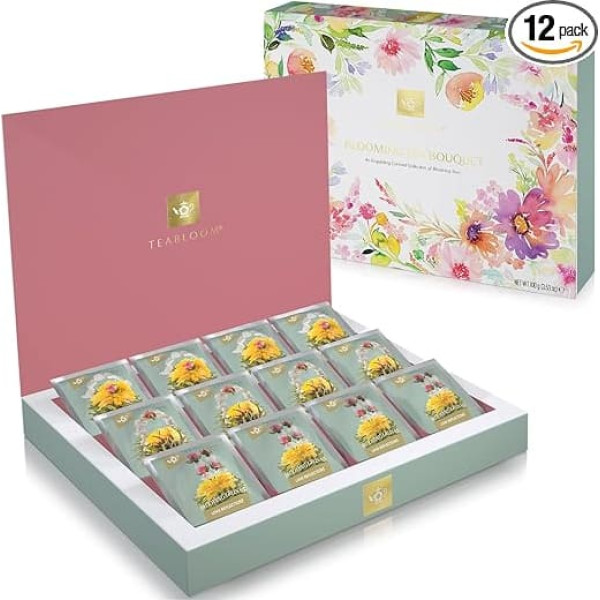 Teabloom Tea Flower Box - Carefully Selected Tea Gift Set with 12 Gourmet Flower Teas - 36 Infusions - Packed in an Elegant Gift Tea Box