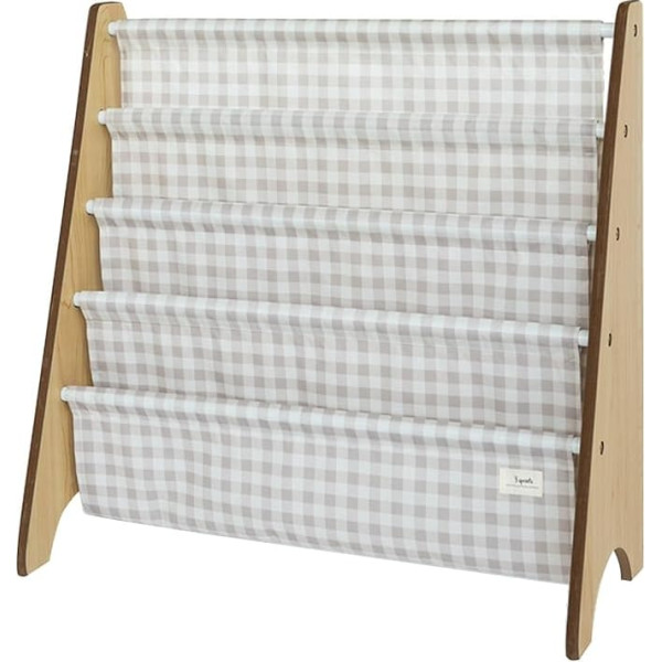 3 Sprouts Children's Wooden Bookcase - Montessori Shelf for Nursery - Gingham Beige
