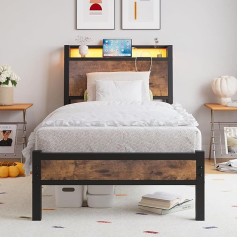 3ft Single Bed Frame with Charging Station and LED Lights, Wooden Headboard with Shelves, Heavy Duty Metal Slats, No Box Spring Required, Noise-Free, Easy Assembly, Black