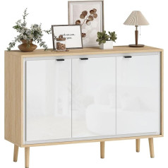 HOMCOM High Gloss Buffet Storage Furniture with 3 Doors, Adjustable Shelves, Wooden Legs, Modern Style, Buffet Dining Room, Kitchen and Living Room, 107 x 35 x 77 cm, White and Oak