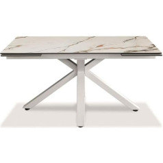 Extendable Table from 160 cm to 240 cm, Modern Dining Table with Two Ceramic Extensions on Tempered Glass and Metal Legs (Marmo Calacatta)