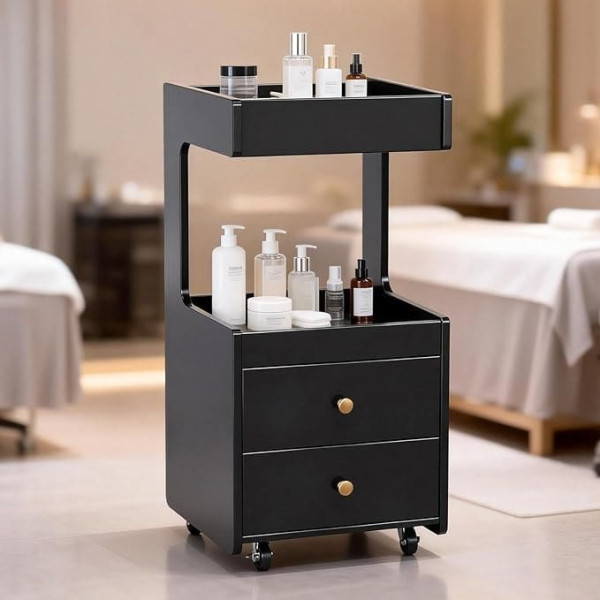 Bonnlo Hairdressing Trolley Salon Trolley Serving Trolley with Wheels & 2 Drawers & Flat Top with Protective Edge & 1 Open Shelf for Barber Pub/Salon/SPA, Made of MDF 40 x 40 x 85 cm, Black