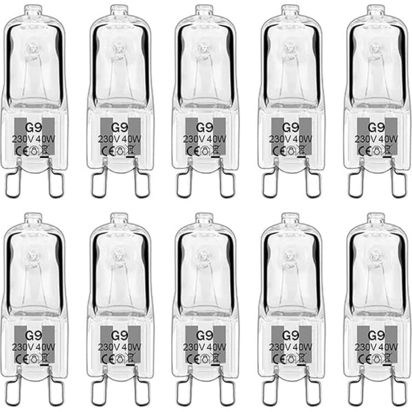Pack of 10 Dimmable G9 Halogen Bulbs, 40 W 230 V 2800 K G9 Halogen Bulbs for Oven Lamp, Ceiling Lights, Candlesticks [Energy Class F]