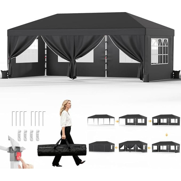 JUMMICO 3 x 6 m folding gazebo, height adjustable and stable, thick waterproof tarpaulin + fasteners for wind protection, perfect for garden parties, camping and outdoor events, quick to assemble and space-saving