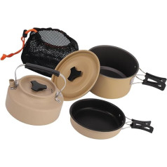 Outdoor Campingküchenset mit antihaftbeschichteten Behältern, Wasserkocher und Bratpfanne – ideal zum Wandern, Campen und für Familienausflüge. Perfekt für