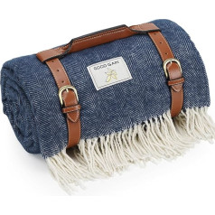 Good Gain Premium Wool Picnic Blanket with Waterproof Underlay and PU Handle, Extra Large 60 x 81 Inch Blanket for Camping, Travel, Family Hiking, Washable and Foldable Beach Mat, Blue