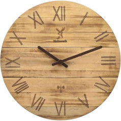 Holzwerk 35 cm Vintage Natural Flamed Wood Radio-Controlled Wall Clock Wooden Clock Vintage Radio-Controlled Clock Silent Brown Almost Silent Retro Rustic Solid Wood Natural Clock Roman Numerals