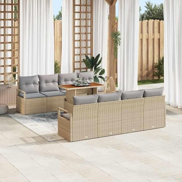 Garten-Sofa-Set 9-teilig in Schwarz und Creme, Outdoor-Sofaset mit Stauraum aus Poly Rattan, Gartenmöbel mit Kissen und Zwei Armsofas