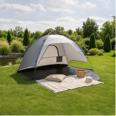 pro.tec Mullsjö Beach Shelter, 215 x 135 x 140 cm, Pop Up Beach Tent for 2 People, Semi-Open Camping Tent, Automatic, Water-Repellent, Dark Grey/Light Grey