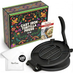 Uno Casa Cast Iron Tortilla Press 25 cm - Taco Press and Roti Maker - Plus 100 Sheets of Baking Paper - Kitchen Gadget for Flour Tortilla, Roti, Tawa or Dosa or as a Dumpling Maker