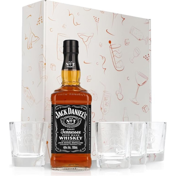 Sipply Gift Set 5 Pieces with 4 Tumbler Relief and 1 Bottle Jack Daniels 0.7 L 40.0% Vol. with Gift Box: White | Gift for Women Men Mum Dad Girlfriend for Christmas Easter