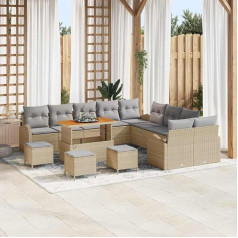 Garten-Sofa-Set 13-teilig mit gepolsterten Kissen aus Poly Rattan und Akazienholz, Outdoor-Sofa-Garnitur mit Stauraum