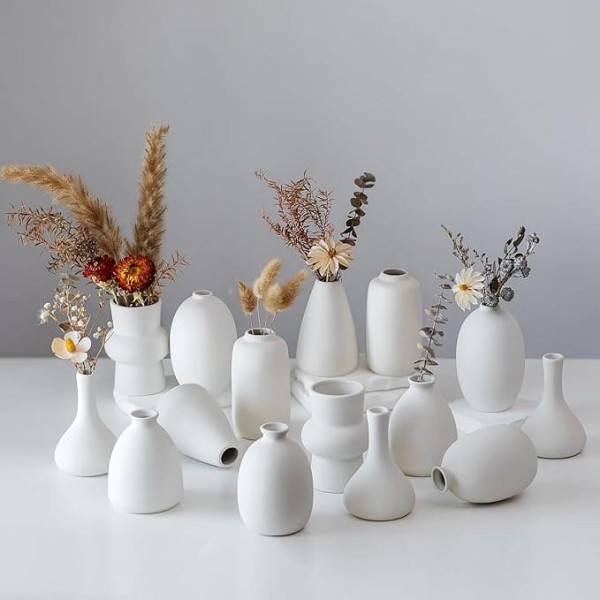 NUPTIO Small White Ceramic Vase: Boho Flowers Vases for Wedding Dining Table Table Decoration - Modern Ribbed Small Flower Vase for Living Room Shelf Coffee Table Decoration Set of 15