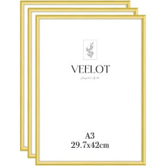 3 x Picture Frames DIN A3 29.7 x 42 cm, Metal Aluminium, Matte Gold, Certificate Frame 30 x 42 cm with Shatterproof Acrylic Glass, Portrait and Landscape Format for Wall Mounting, Slim