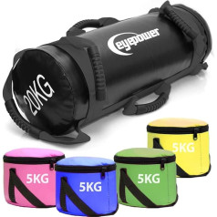 EYEPOWER 20 kg Power Bag + 4 Kettlebell Weights - Filled with Iron Sand - Better than Devices: 6 Handles Fitness Sandbag for Home - 20 x 60 cm Weight Bag for Home Training - Abdominal and Back Trainer