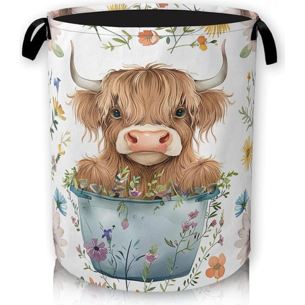 Highland Cow Flower Laundry Basket, Foldable Laundry Basket with Handle, Round Laundry Storage for Bedroom, Bathroom, College Dorm, 16 x 20 Inch