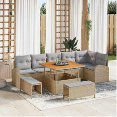 9-teiliges Garten-Sofa-Set aus Poly-Rattan in Schwarz mit Akazienholz-Tisch, Polyesterkissen und praktischem Stauraum – Outdoor-Sofa-Garnitur