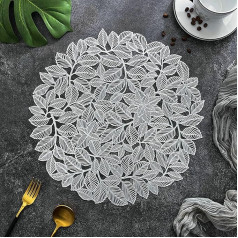 Platzdeckchen Rund, 2er Set Rund mit Blättermuster Platzset & Küstenfahrer, Tischset für Küchen, Silber, 38cm