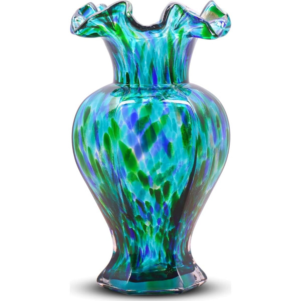 LCCCK 9.5 Inch Tall Teal Glass Vase, Beautiful Hand Blown Glass Decoration, Flower Vases for Centerpieces, Modern Murano Glass Art Vase for Home Decor, Table, Entrance, Wedding Decoration