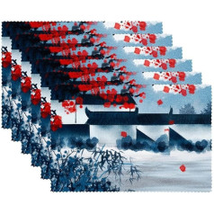 Fabric Placemats, Washable Placemats for Dining Table, Set of 6, Winter Cute Retro Chinese Style Landscape
