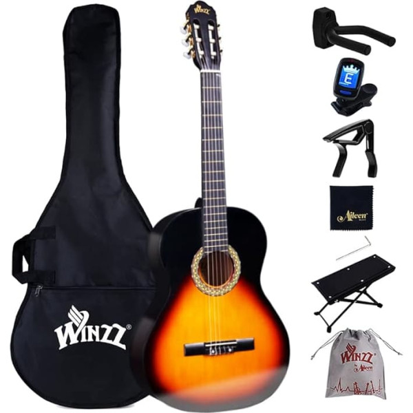 Winzz Classical Guitar 4/4 Beginner Set - 39 Inch Classical Guitar Kit with Nylon Strings for Adults, Children from 11+ Years, Sunburst