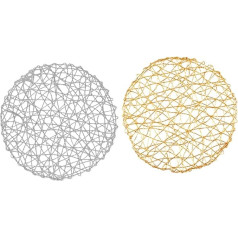 COLLBATH Pack of 6 Hand Woven Tables, ETS Decorative Place Mats Made of Metal, Round Placemats, Braided Placemats, Silver Placemats, Round Coasters, Place Mats for Round Table, PVC, Silver